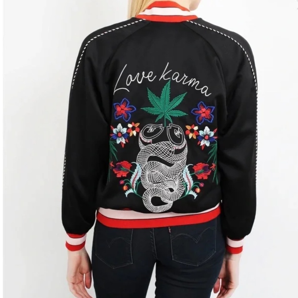 Sandro Paris Black Embroidered ‘Love Karma’ Bomber Jacket not